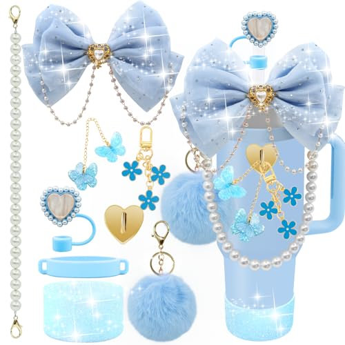 LBU Bling Stanley Cup Accessories for 40/30/20 oz Tumbler with Handle Including Glitter Bow Straw Topper, Heart Straw Cover, Pearl Water Bottle Handle Strap, Boot, Pom-Pom, Keychain Charms(Blue)