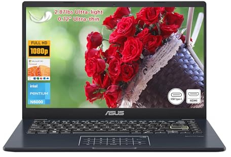 ASUS Vivobook Go Ordinateur portable FHD 14 po, Intel Pentium N6000 (jusqu'à 3,30 GHz), 4 Go de RAM, 64 Go eMMC, fin et léger, NumberPad, Webcam, HDMI, Wi-Fi, Win 11 Home en mode S
