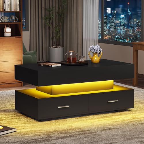 ModernLuxe Lift Top Coffee Table with Storage, Modern LED Coffee Table with 2 Drawers & Lighting, Adjustable Height Center Table for Living Room, Dining, or Gaming, Black 100x50x44cm