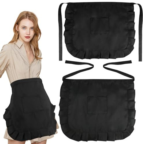 2 Stück Schwarze Taillenschürze, Halbe Schürze Damen, Niedliche Rüschen Waist Apron, Verstellbare Kochschürze mit 1 Taschen für Kochen, Reinigen, Malen