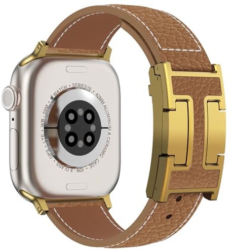 CHANCHY Leather Straps for Apple Watch Strap 46mm 45mm 44mm 42mm(Series 3), Replacement Genuine Leather Strap for Apple Watch Series 10 9 8 7 6 5 4 3 2 1 & iWatch SE, Brown+Gold Bucker