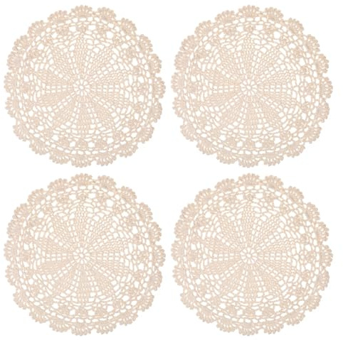 Lace Placemats,Crochet Doilies,Doilies for Tables Cotton Round Crochet Placemats 4 Pcs 10 Inch Table Lace Hollow Corrugated Placemat for Furniture Kitchen Dining Party Holiday Weddings Decor(Beige)