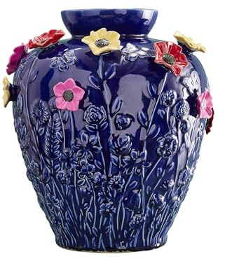 WERNS Design Vase Primavera Blau – Statement Deko mit Blumen, handbemalt, 37x35x35 cm (H/B/T)