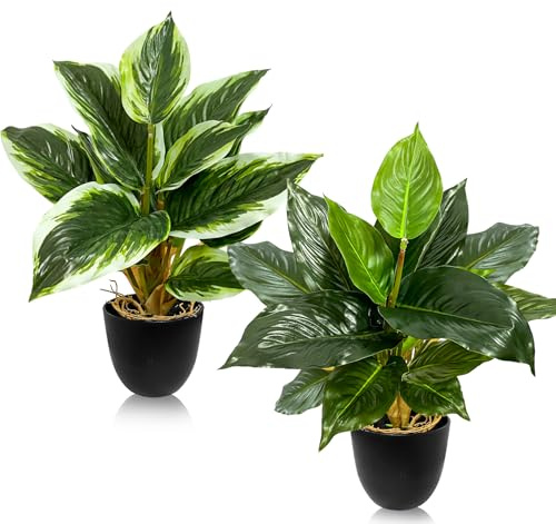2 Pezzi Piante Artificiali, Piante Finte per Interni, Piante Artificiali Decorative in Vaso, Piante in Plastica per Decorare Casa, Ufficio, Bagno, Cucina e Soggiorno (Bordi bianchi + verde uniforme)