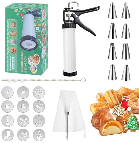 Gebäckpresse aus Edelstahl für Spritzgebäck – Plätzchenpresse mit 12 Schablonen, 8 Tüllen, Spritzbeutel und Reinigungsbürste, ideal für Kekse, Kuchen und Churros (Weihnachten)
