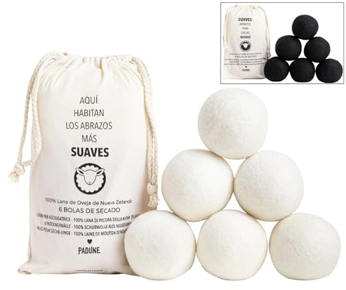 PADUNE® 6 Bolas de Lana Secadora 7cm+Bolsa | 100% Naturales y Reutilizables | Suavizan la ropa, reducen arrugas y tiempo de secado | Alternativa al suavizante de ropa y las bolas de plástico (Blanca)