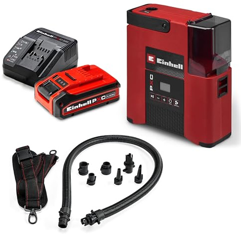 Einhell Stand-Up-Paddle Akku-Pumpe SUPPERO 18/380 | PXC | 18 V | Aufpumpen & Luft ablassen | 1,38 bar | 20 PSI | 380 l/min | Auto-Stop | Tragegurt | 7 Adapter | ohne Akku