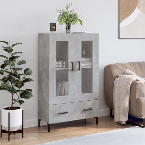 WRJENFSC Highboard Betongrau 69.5×31×115 cm Holz-Glasfront Metallbeine Sideboard mit Griffen Wandhalterung