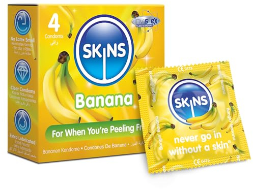 Skins Banana Flavoured Condoms Thin Extra Feel, 4 Pack of Premium Skins Extra Safe Pleasure Condom for Adults, Ultra Thin for Oral Extra Pleasure
