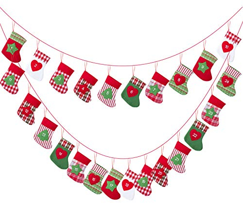 Kesote 24x Adventskalender zum Befüllen Aufängen Weihnachtskalender Kette Filz Säckchen Kinder Weihnachten Deko Strumpf (15 x 10 cm)