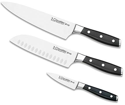 3 Claveles 28007 Set Cuchillos Cocina: Verduras 9cm + Santoku 18cm + Cocinero 20cm, Línea Toledo, Acero Inoxidable, Plata