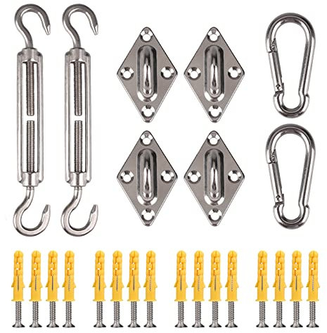 Yeahmart Heavy Duty Sun Shade Sail Fixing Kit for Garden Triangle and Square, Rectangle, 304 Stainless Steel Sun Shade Sail Fixing Hardware Accessories Kit Anti-Rust 24 Pcs