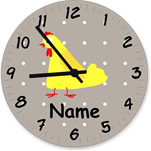 ShirtInStyle Wanduhr Kinderzimmeruhr Huhn Hahn mit Wunschnamen Geschenk Uhr Kinder Handmade, 20cm, Farbe Pastellbeige