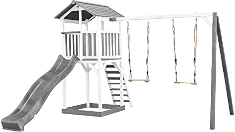 AXI Beach Tower Aire de Jeux avec Toboggan en Gris, 2 Balançoires & Bac à Sable | Grande Maison Enfant extérieur en Gris & Blanc | Cabane de Jeu en Bois FSC