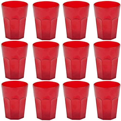 Engelland - 12 x Plastikbecher, Trinkbecher, Rot, Cocktailbecher, 400 ml, mit Eichstrich, stapelbar, Mehrweg, Kunststoff, Frostoptik, wiederverwendbar, Party-Becher, Trink-Glas