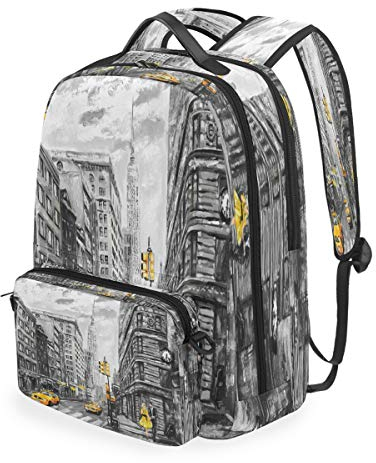 RXYY Man Frau Gelb Taxi New York Ölgemälde Rucksack Abnehmbar Hochschule Student Schule Schulter Computer Tasche Laptop Tasche Reise Tasche Tagesrucksack Wandern