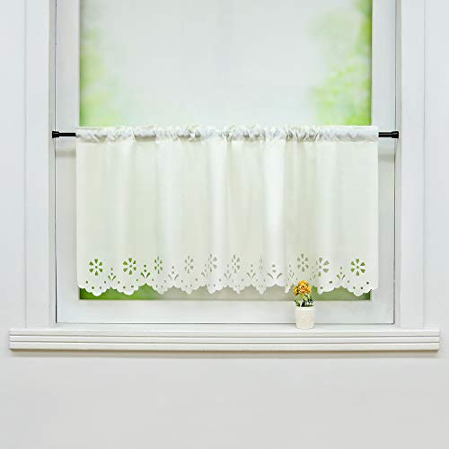 Joyswahl Küchen Scheibengardine Voile Bistrogardine Tunnelzug 60x120 Weiß | Carmen Kurzstores mit Lasercut-Muster, Kurzgardine Stangendurchzug, Gardine Stores Landhausstil, Fenstergardinen 1er Pack