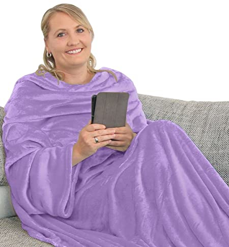 L.E.M.B. Hometrends Kuscheldecke mit Ärmeln TV Decke Sofadecke Ärmeldecke Wohndecke Fleecedecke Mikrofaser Strokkur 170 x 200 cm Flieder