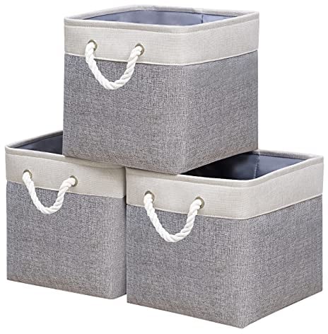 Yawinhe 3 Stück Aufbewahrungsbox, Aufbewahrungskorb mit Griff, Stoffwürfel Regalkörbe, Würfel körbe für regal, für Schrank,Regal, Kleidung, 28x28x28cm,Weiß/Grau, SNK004WGS