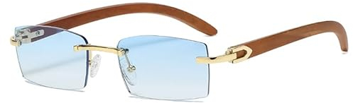 kachawoo Rahmenlose Sonnenbrille Randlose Damenmode Sonnenbrille mit Holzimitat Beinen Blau Grün Uv400 Linse Rechteck Sonnenschutz Unisex Modern