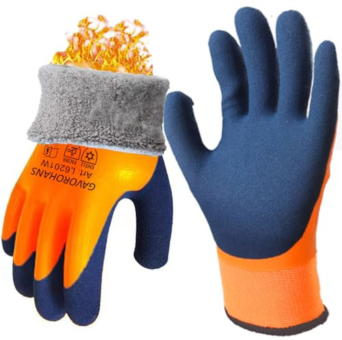 GAVOROHANS 1 Pair Waterproof Thermal Winter Work Gloves Polar Fleece Liner Superior Grip Double Latex Coating for Garden Logistics Warehousing Cold Weather Outdoor Activities (Orange, M/8')