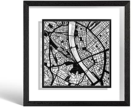 O3 DESIGN STUDIO Budapest Papierschnittkarte, gerahmt, schwarze Karte, schwarzer Rahmen, 23 x 23 cm, in Geschenkbox, 2 Hintergrundfarben, selbstwechselnd, Papierkunst