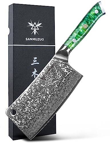 SANMUZUO Cuchillo Chef Chino de Damasco, Profesional Cuchillo de carne Hachas 16.5CM - serie Xuan - Macheta de Cocina de Acero de Damasco con Mango de Resina(Verde Vibrante)
