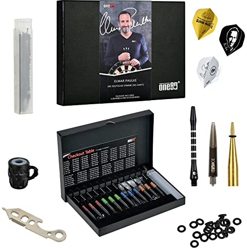 ONE80 Steel Dart Elmar Paulke Steeldart Set Steeltip Dart Steeldart 12 Stück Darts und Zubehör Schäfte Flights Dartschschlüssel Geschenkbox