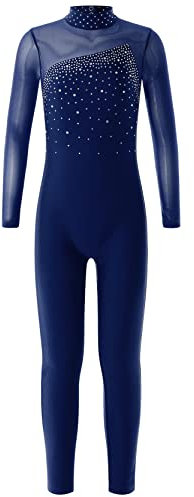 inlzdz Mädchen Turnanzug Glänzend Skating Jumpsuit Langarm Sportbody Gymnastikbody mit Strass Rückenfrei Ganzkörper Eiskunstlauf Body Gymnastikanzug Dancewear B Dunkelblau 146-152