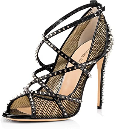 WOkismD Damen Nieten Pumps Sexy Cross Strap Stiletto High Heels Sommer Mesh Open Toe Dress Party Sandalen Nieten Hochzeitsschuhe für Unisex,Schwarz,36