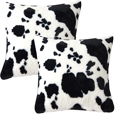 LOHDALOLF Western Pillow Covers 20x20 inch Set of 2 Plush Fluffy Pillow Cases Cowhide Faux Fur Decorative Cushion Cases for Couch Living Room