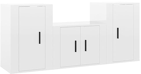 vidaXL TV Schrank Set 3-TLG., Wohnwand Wohnzimmer, Schrankwand Anbauwand mit Stauraum, Lowboard Fernsehtisch Wandmontage, Hochglanz-Weiß Holzwerkstoff