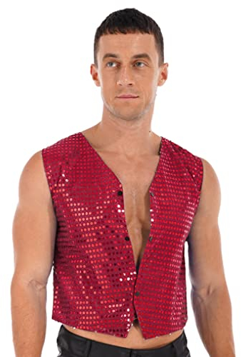 Oyolan Herren Pailletten Weste Ärmellos Jacke V-Ausschnitt Anzugweste Karneval Fasching Party Disco Tanzkostüm Rot S