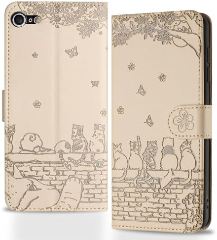 Butnyeoe for iPhone se（2022）（2020） Phone Case with Card Holder and Strap Magnetic, iPhone 8/7 Flip Case for Women Cute Cats Leather Wallet Cover-Beige/Khaki