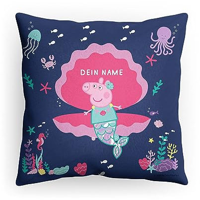 PICANOVA Kissen Peppa Pig mit Name - Weiches Plüsch Dekokissen mit Füllung - Personalisiertes Peppa Pig Kopfkissen für Kinder - Individuell Geschenk für Kinder - Meerjungfrau - 40x40cm