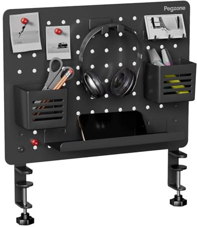 PEGZONE Clamp-on Desk Pegboard, Desk Organizer for Office Gaming Home, Magnetic Metal Peg Board with 10 Accessories, Privacy Panel for Office, 16.5 x 12.6, Medium, Black