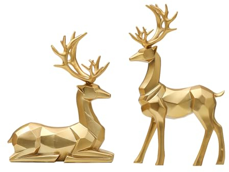 Unpoten 2 Stück Gold Hirsch Figuren Deko, Paar Hirsche, Golden Elch Figur Desktop Ornament, Stehender und Liegender Hirsch Dekorfigur, für Büro Schlafzimmer, 13cm-19cm