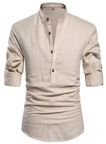 Anelune Mens Casual Cotton Linen Beach Shirts Fashion Hawaiian Henley Shirt for Daily,Vacation Beige