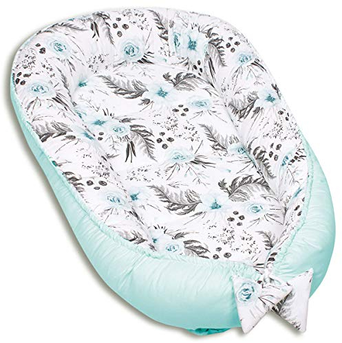 PaLulli Kuschelnest 2-seitig Babynest Babynestchen Baby Nest Nestchen Reisebett Wickelauflage Kuschelbett, Kokon Kokon für Babybett - Babys und Säuglinge, 100% Baumwolle Oeko TEX (Garden Mint)
