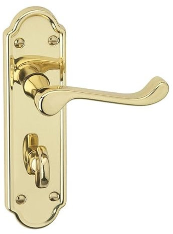 URBNLIVING Ashworth Metal Lever Latch Door Handles Set Round Rose Design, Suitable for Internal and External Use, Perfect for Home and Office Doors, Easy Installation (Polished Brass Bathroom)