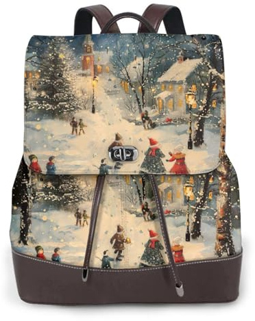 SSIMOO Leder-Rucksack mit Weihnachtsmotiv, modische Doppelschultertasche mit Metallschnalle, Klappdeckel, Schwarz, Einheitsgröße