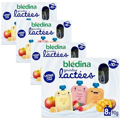 BLÉDINA - Gourdes lactées aux Fruits Bébé - Fruits Rouges/Pomme Banane/Fruits Exotiques - dès 10 Mois - 4 x (8 x 85g)