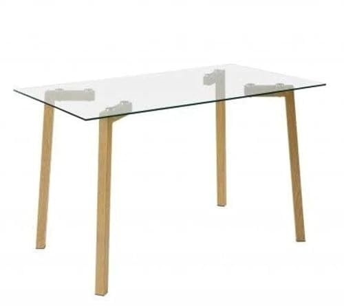 HOGAR24 ES Mesa de Comedor, Mesa de Cristal, Mesa Rectangular, Cristal Transparente y Patas de Madera, Medidas: 140 cm (Ancho) x 76 cm (Alto) x 80 cm (Fondo).