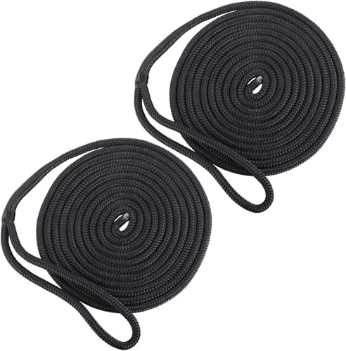 BOOMSTART 2-Pack 12mm Boat Dock Lines – Double Braided Nylon Mooring Ropes with 30cm Eye Splice, Black – 4.57m (15ft) Length, Breaking Strength 2240kg – Fender Lines for Boats up to 10.7m