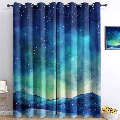 Vorhänge Galaxie Nachthimmel Motiv, Vorhang Blickdicht Verdunklungsvorhänge Thermovorhang mit Ösen, Blaugrün Gardinen Wohnzimmer Schlafzimmer Fenster H260 x B140 cm (2er Pack)