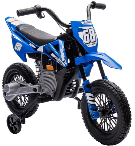 AIYAPLAY 12V Kids Electric Motorbike, Kids Electric Ride on Motorcycle, Battery Powered Toy with Twist Grip Throttle, Training Wheels, Suspension System, Music, Blue