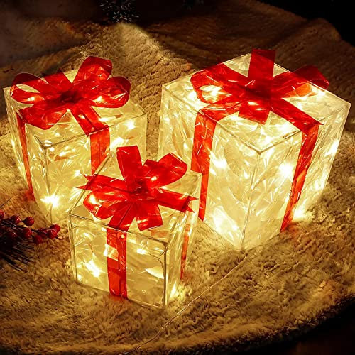 Christmas Boxes Gift,Christmas Parcel Decorations,Glowing Christmas Box Ornament With Bow,Light Up Present Boxes,Under Christmas Tree Decorations Indoor Xmas Fairy Lights Decor