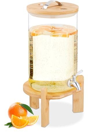 Relaxdays Dispenser in Vetro per Bevande Fredde e Calde, Erogatore Bibite da 8 L, con Rubinetto e Coperchio in bambù