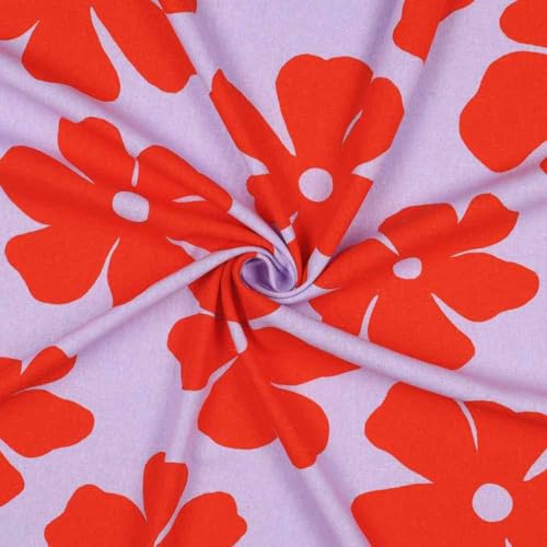 Viskose Leinen, Blumen Rot auf Flieder als Meterware, 50 cm