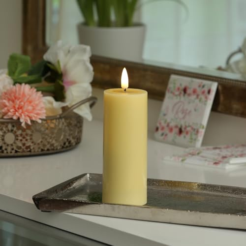 MARELIDA LED Kerze Echtwachs Deluxe Homeart Stumpenkerze mit realistischer 3D Flamme mit Wachsspiegel gelb Indoor (D: 5cm - H: 12,5cm)